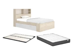 Lit 120 x 190 cm avec rangements - Coloris : Naturel et blanc + Sommier + Matelas - VARDIEL