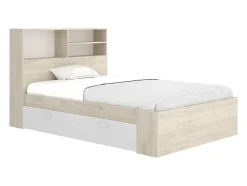 Lit 120 x 190 cm avec rangements - Coloris : Naturel et blanc + Sommier + Matelas - VARDIEL
