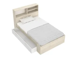 Lit 120 x 190 cm avec rangements - Coloris : Naturel et blanc + Sommier + Matelas - VARDIEL