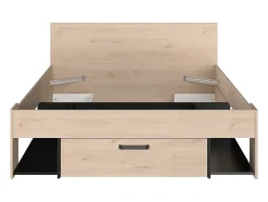 Lit 140 x 190/200 cm avec tête de lit et rangements - Coloris : Naturel et noir + Sommier + Matelas - KINSELIA