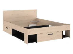 Lit 140 x 190/200 cm avec tête de lit et rangements - Coloris : Naturel et noir + Sommier + Matelas - KINSELIA