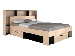 Lit 140 x 190/200 cm avec tête de lit et rangements - Coloris : Naturel et noir - KINSELIA