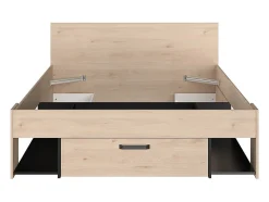 Lit 140 x 190/200 cm avec tête de lit et rangements - Coloris : Naturel et noir - KINSELIA