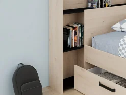 Lit 140 x 190/200 cm avec tête de lit et rangements - Coloris : Naturel et noir - KINSELIA