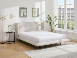 Lit 140 x 190 cm avec tête de lit capitonnée - Tissu - Beige - PENAVI