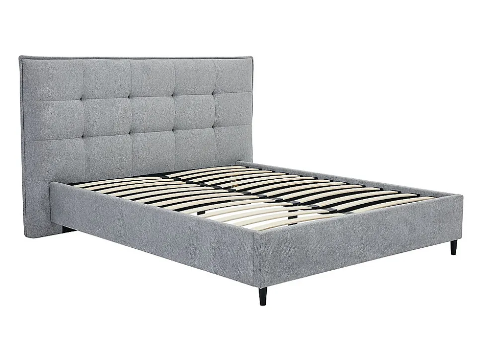 Lit 180 x 200 cm avec tête de lit capitonnée - Tissu - Gris + Matelas - NIRPIO