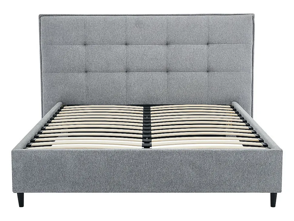 Lit 180 x 200 cm avec tête de lit capitonnée - Tissu - Gris + Matelas - NIRPIO