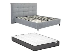 Lit 180 x 200 cm avec tête de lit capitonnée - Tissu - Gris + Matelas - NIRPIO