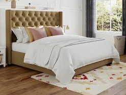 Lit 180 x 200 cm avec tête de lit capitonnée - Tissu - Beige + Matelas - MASSIMO II