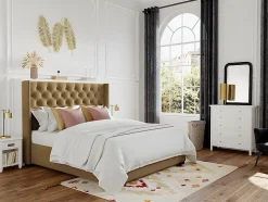 Lit 180 x 200 cm avec tête de lit capitonnée - Tissu - Beige + Matelas - MASSIMO II