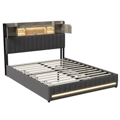 Lit 140 x 190 cm avec tête de lit LED et USB, 4 tiroirs de rangement, sommier à lattes, lin, gris