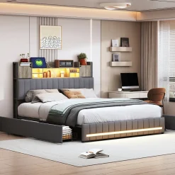 Lit 140 x 190 cm avec tête de lit LED et USB, 4 tiroirs de rangement, sommier à lattes, lin, gris