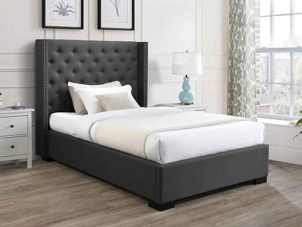 Lit 120 x 200 cm avec tête de lit capitonnée - Tissu - Gris - MASSIMO