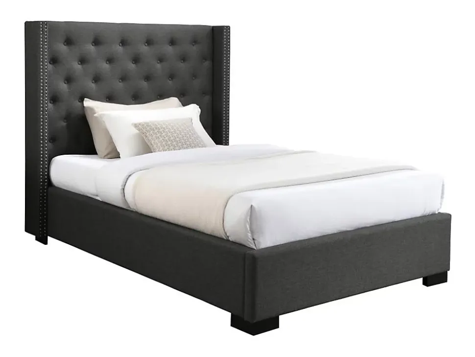 Lit 120 x 200 cm avec tête de lit capitonnée - Tissu - Gris - MASSIMO