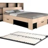 Lit 140 x 190/200 cm avec tête de lit et rangements - Coloris : Naturel et noir + Sommier - KINSELIA