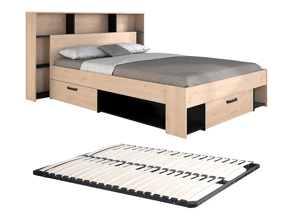 Lit 140 x 190/200 cm avec tête de lit et rangements - Coloris : Naturel et noir + Sommier - KINSELIA