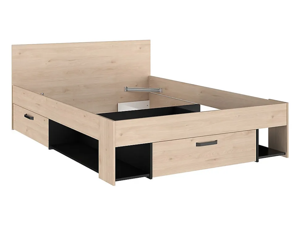 Lit 140 x 190/200 cm avec tête de lit et rangements - Coloris : Naturel et noir + Sommier - KINSELIA