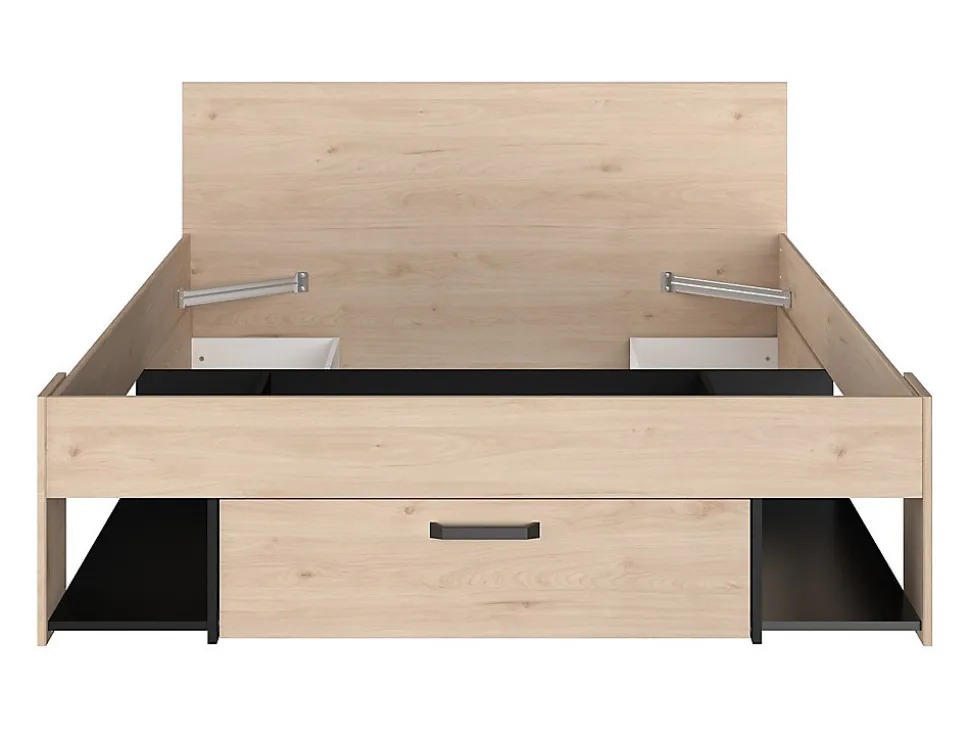 Lit 140 x 190/200 cm avec tête de lit et rangements - Coloris : Naturel et noir + Sommier - KINSELIA