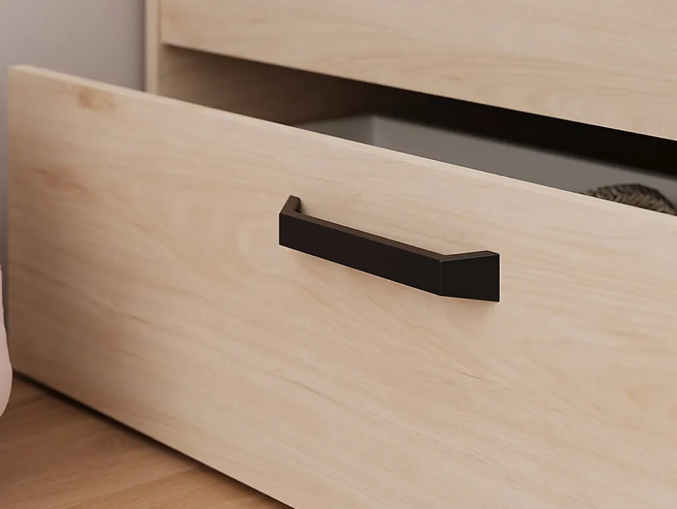 Lit 140 x 190/200 cm avec tête de lit et rangements - Coloris : Naturel et noir + Sommier - KINSELIA