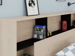 Lit 140 x 190/200 cm avec tête de lit et rangements - Coloris : Naturel et noir + Sommier - KINSELIA