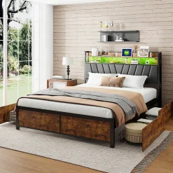 Lit 180 x 200 cm avec tête de lit, 4 tiroirs, LED et station de charge - noir