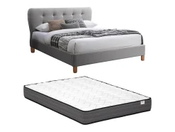Lit 140 x 190 cm avec tête de lit capitonnée - Tissu - Gris + Matelas - ELIDE