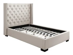 Lit 120 x 200 cm avec tête de lit capitonnée - Tissu - Beige - MASSIMO