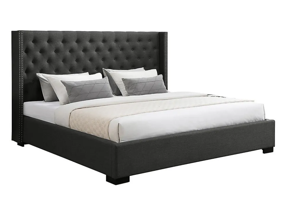 Lit 200 x 200 cm avec tête de lit capitonnée - Tissu - Gris - MASSIMO