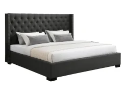 Lit 200 x 200 cm avec tête de lit capitonnée - Tissu - Gris - MASSIMO