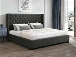 Lit 200 x 200 cm avec tête de lit capitonnée - Tissu - Gris - MASSIMO