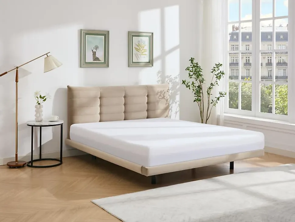 Lit 180 x 200 cm avec tête de lit capitonnée - Velours - Beige - NISATIO