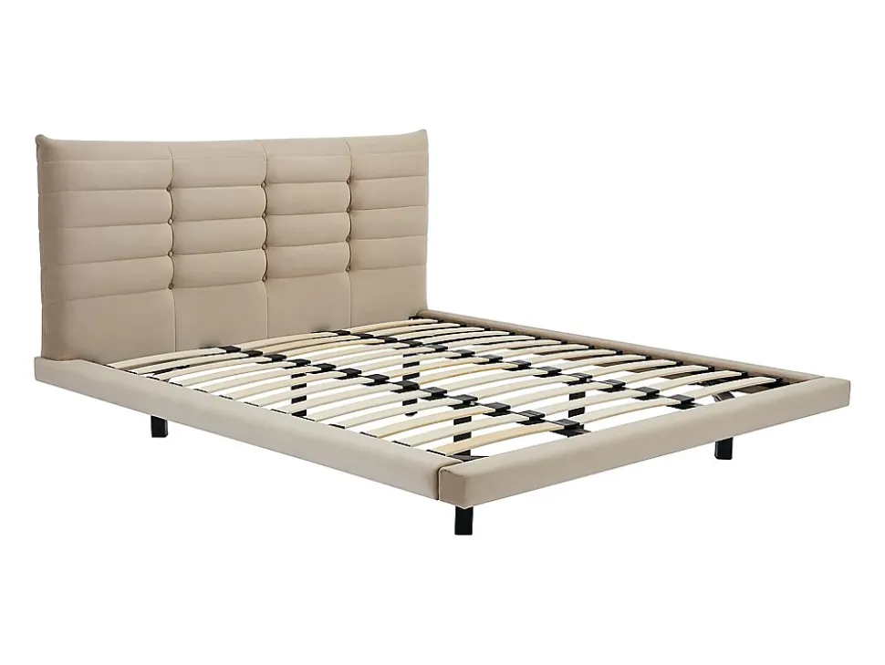 Lit 180 x 200 cm avec tête de lit capitonnée - Velours - Beige - NISATIO