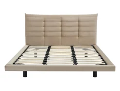 Lit 180 x 200 cm avec tête de lit capitonnée - Velours - Beige - NISATIO