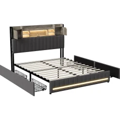 Lit 160 x 200 cm avec tête de lit LED et USB, 4 tiroirs de rangement, sommier à lattes, lin, gris