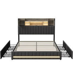 Lit 160 x 200 cm avec tête de lit LED et USB, 4 tiroirs de rangement, sommier à lattes, lin, gris