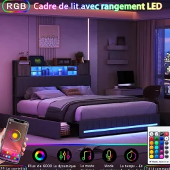 Lit 160 x 200 cm avec tête de lit LED et USB, 4 tiroirs de rangement, sommier à lattes, lin, gris