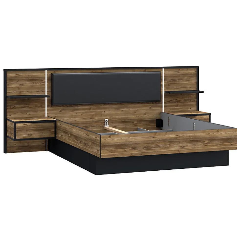 Lit 160 x 200 cm décor bois épicéa et noir avec éclairage LED - CELIA