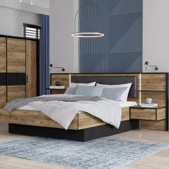 Lit 160 x 200 cm décor bois épicéa et noir avec éclairage LED - CELIA