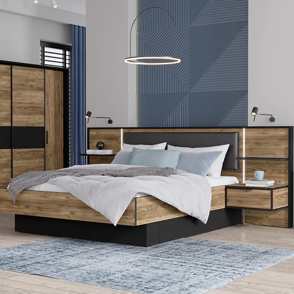 Lit 160 x 200 cm décor bois épicéa et noir avec éclairage LED - CELIA