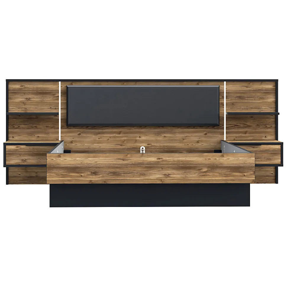 Lit 160 x 200 cm décor bois épicéa et noir avec éclairage LED - CELIA