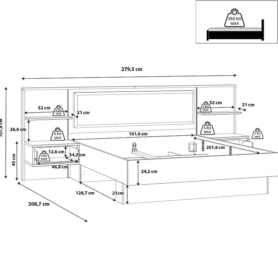 Lit 160 x 200 cm décor bois épicéa et noir avec éclairage LED - CELIA