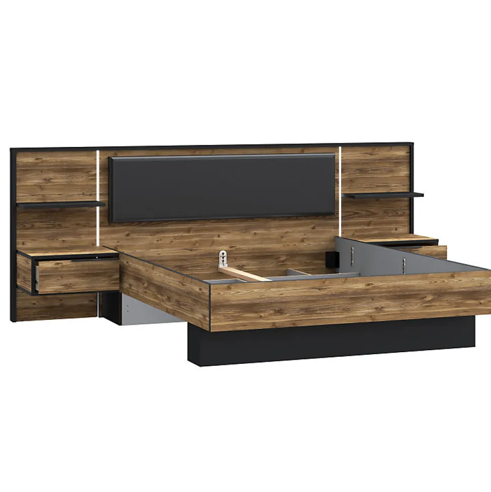 Lit 160 x 200 cm décor bois épicéa et noir avec éclairage LED - CELIA