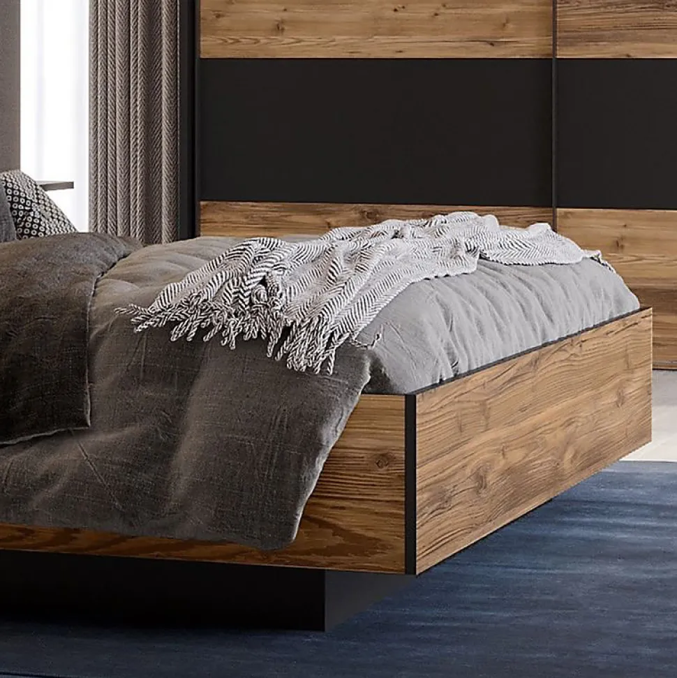 Lit 160 x 200 cm décor bois épicéa et noir avec éclairage LED - CELIA