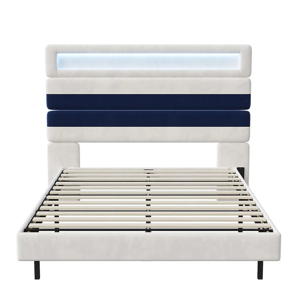 Lit 140 x 200 cm Design Flottant avec Éclairage LED Prise Port USB Cadre Velours ,sans Matelas