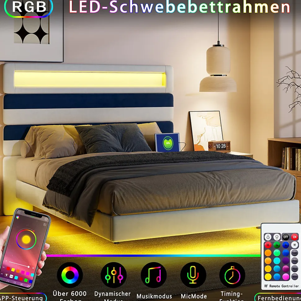 Lit 140 x 200 cm Design Flottant avec Éclairage LED Prise Port USB Cadre Velours ,sans Matelas