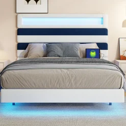 Lit 140 x 200 cm Design Flottant avec Éclairage LED Prise Port USB Cadre Velours ,sans Matelas