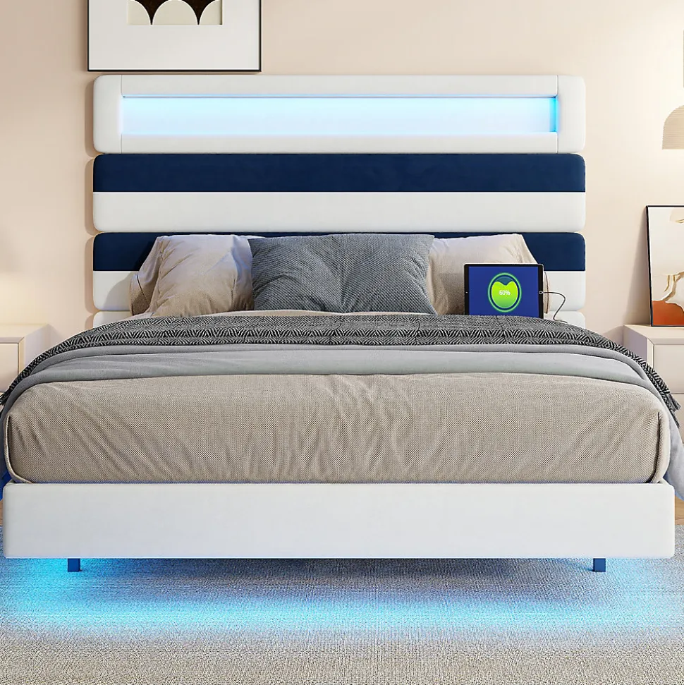 Lit 140 x 200 cm Design Flottant avec Éclairage LED Prise Port USB Cadre Velours ,sans Matelas