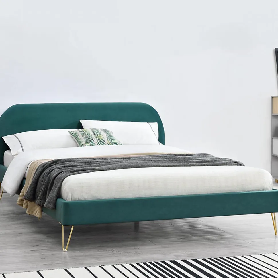 Lit 140 x 190 cm en velours et laiton vert - PHOENIX