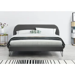 Lit 140 x 190 cm en velours gris et pieds noirs - PHOENIX