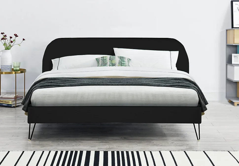 Lit 160 x 200 cm en velours noir et pieds noirs - PHOENIX
